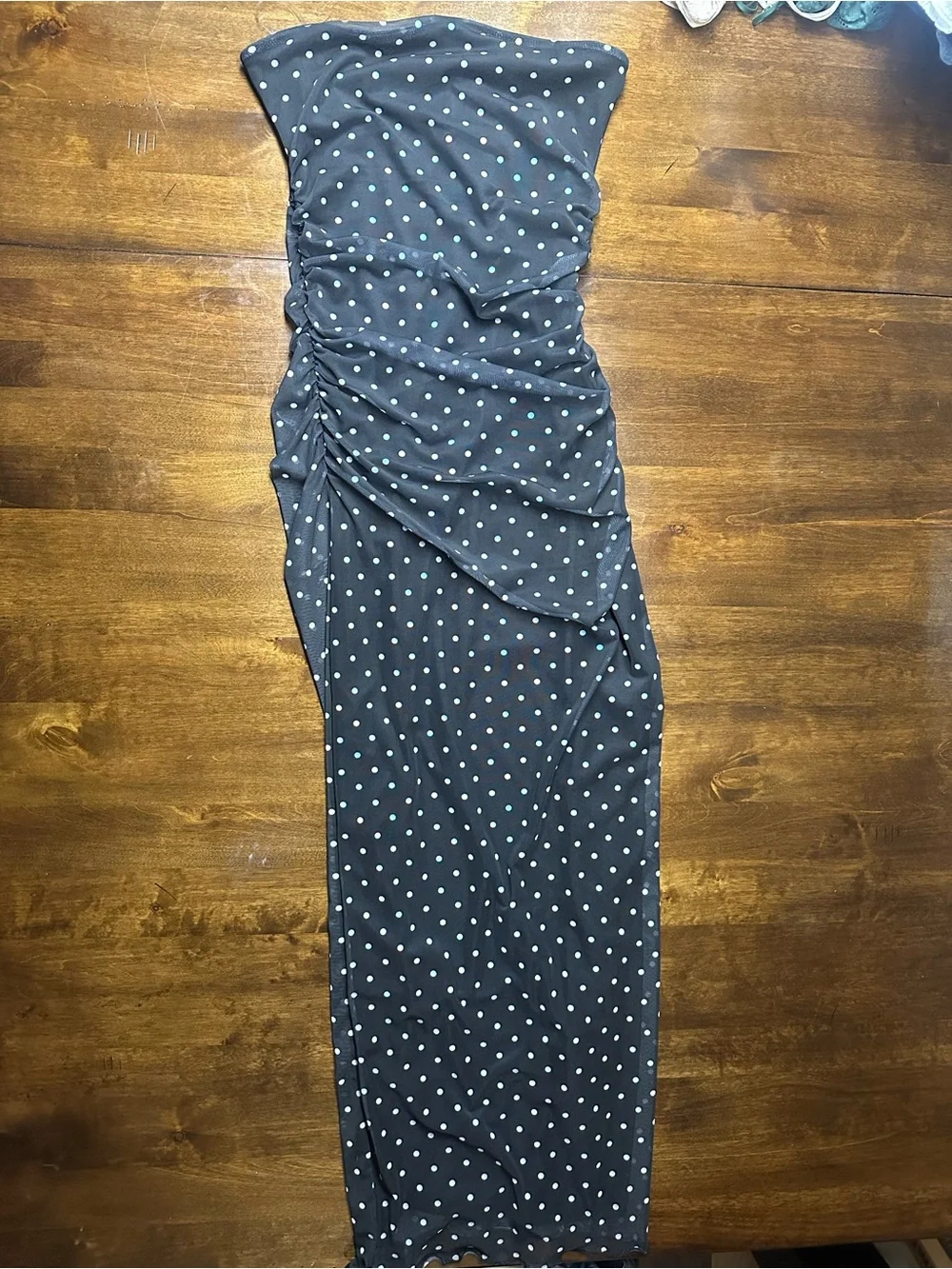 Streetwear Society Black Polka Dot Strapless Ruched Maxi Dress